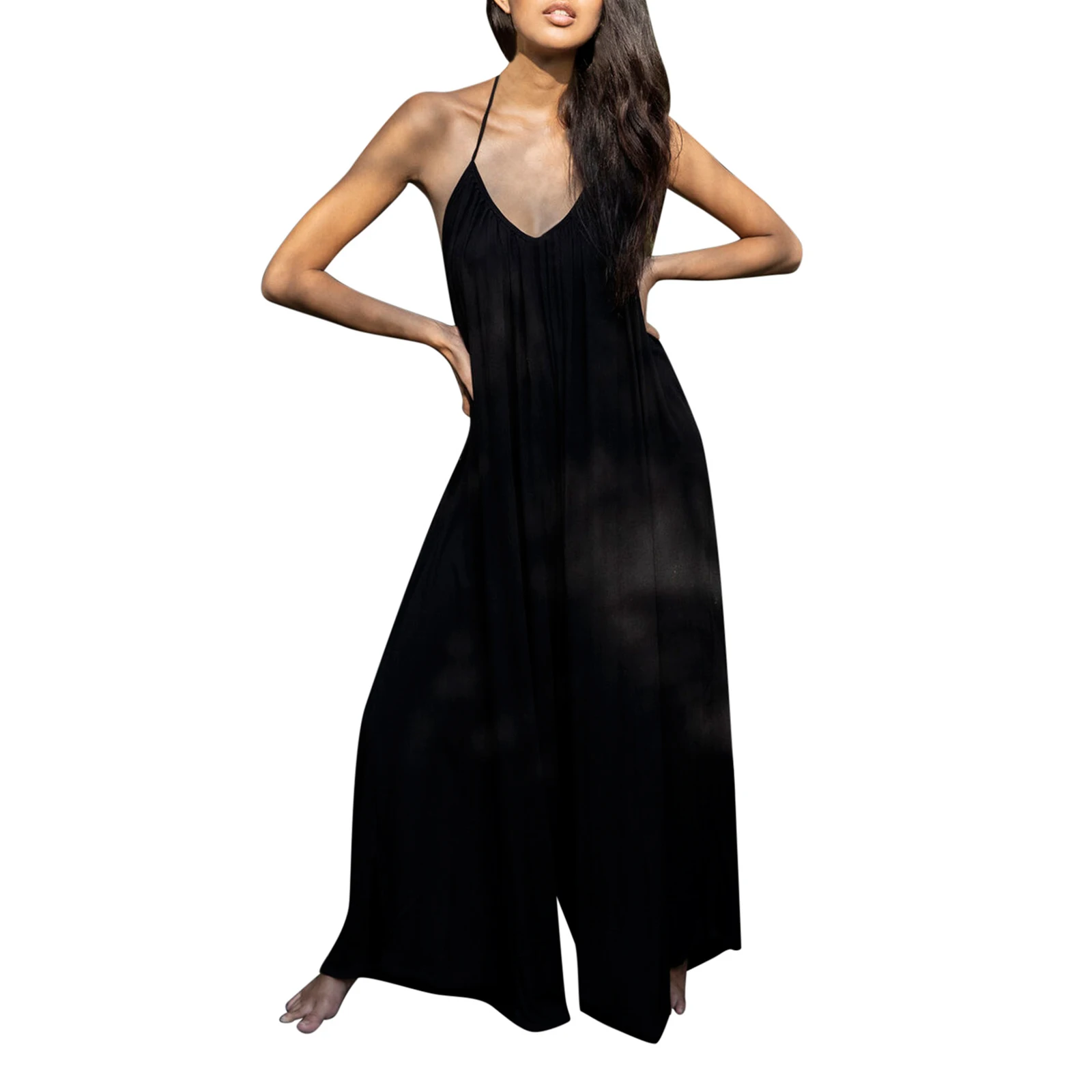 

Women Loose Style Jumpsuit Solid Color Sleeveless Deep V-neck with Tassels, Blue/ Yellow/ Black