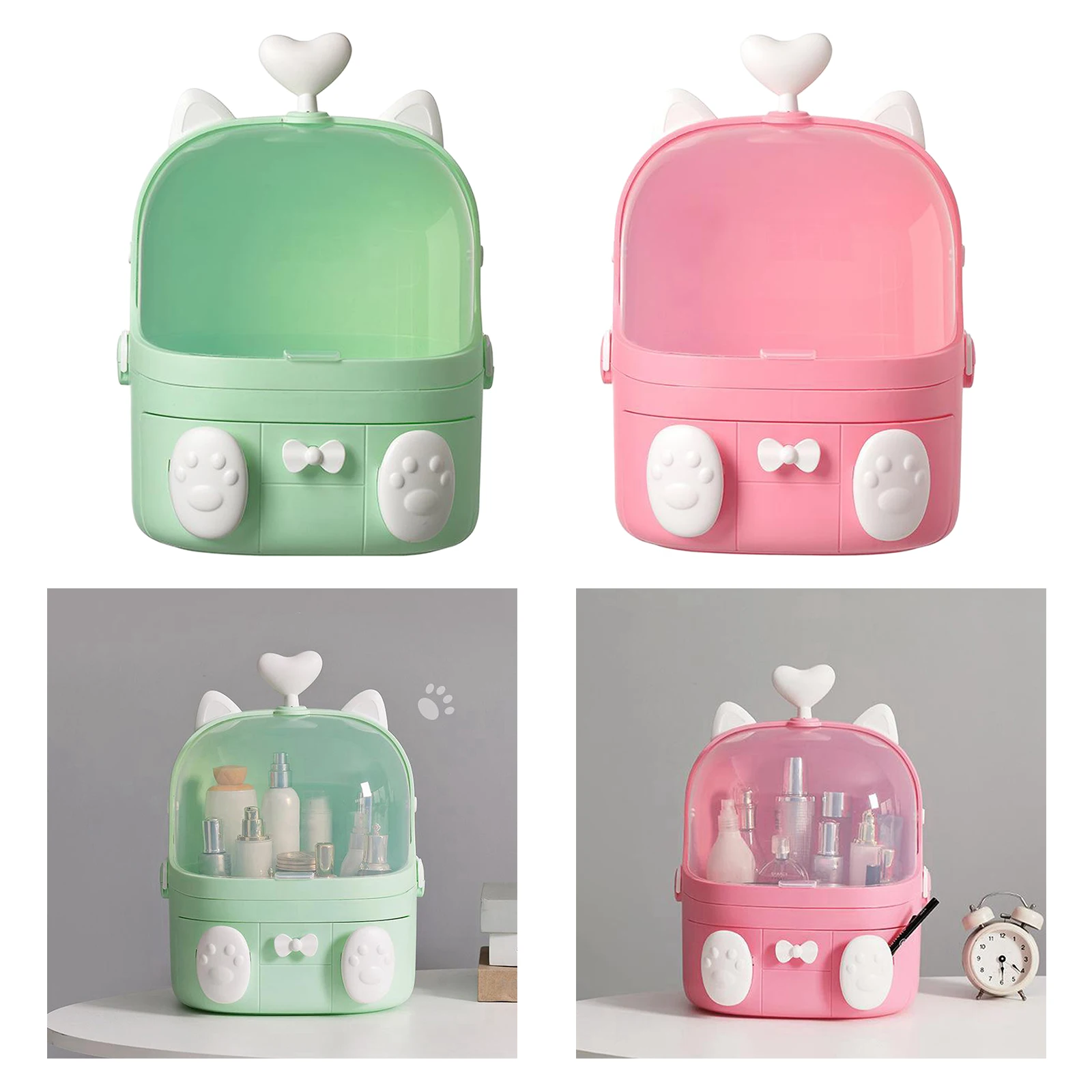 

PP Dustproof Makeup Storage Box Cat Shape Cosmetic Organizer Makeup Container Desktop Storage Case with Lid and Drawer