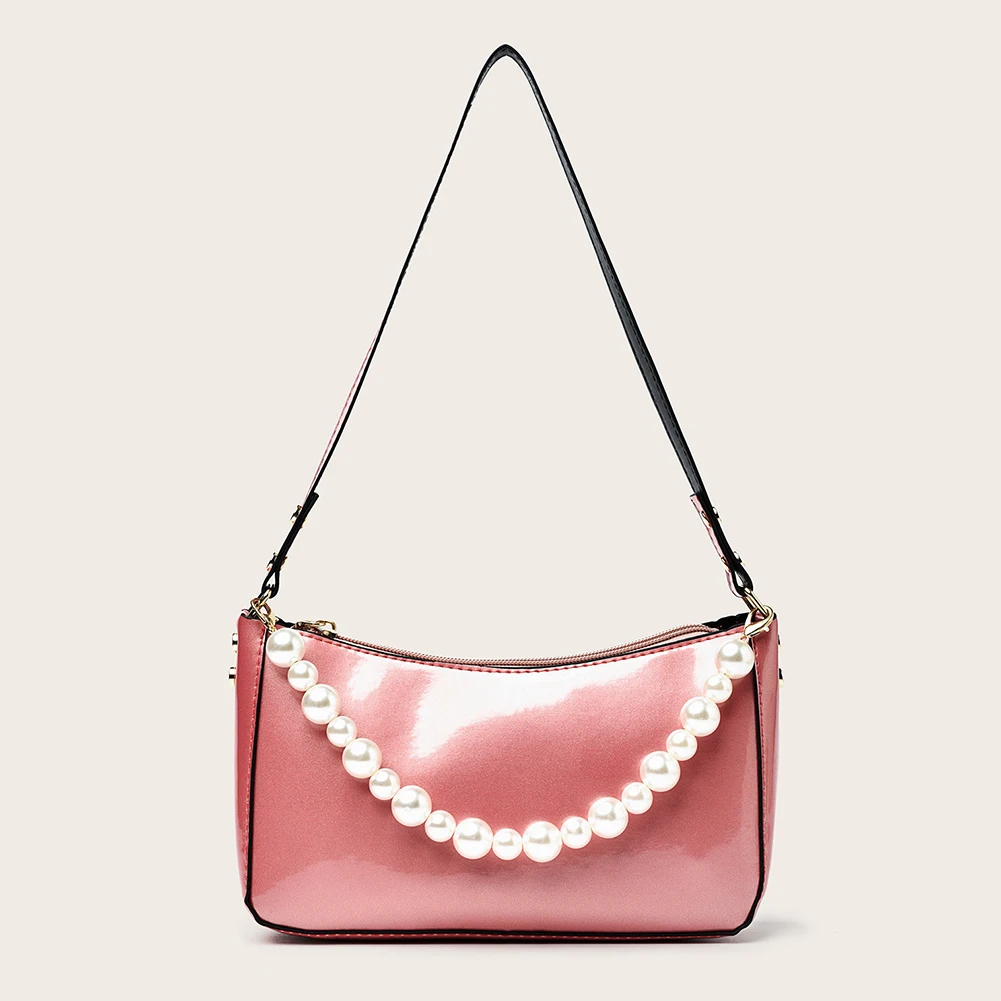 

Fashion Women Pearl Chain Pure Color PU Leather Ladies Shoulder Underarm Bag Casual Zipper Purse Handbag