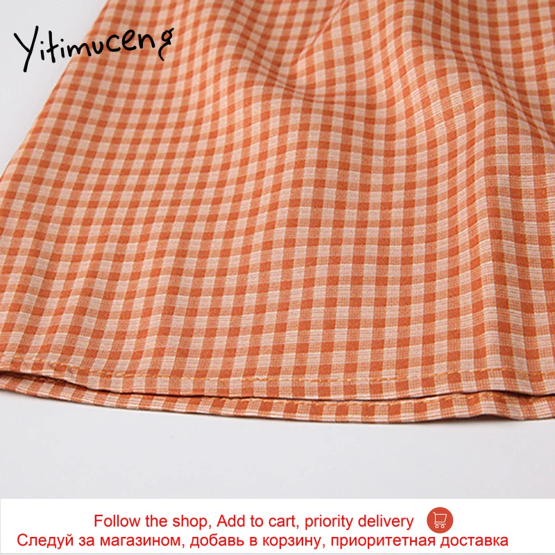 

Yitimuceng Plaid Dresses Women Summer Zipper Button Up High Waist Puff Sleeve A-Line V-Neck 2021 Korean Fashion New Dress