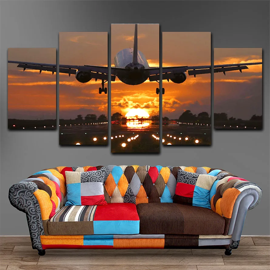 

5 Pieces Wall Art Canvas Painting Landscape Poster Airplane In The Sunset Modern Living Room Nordic For Decoration Home