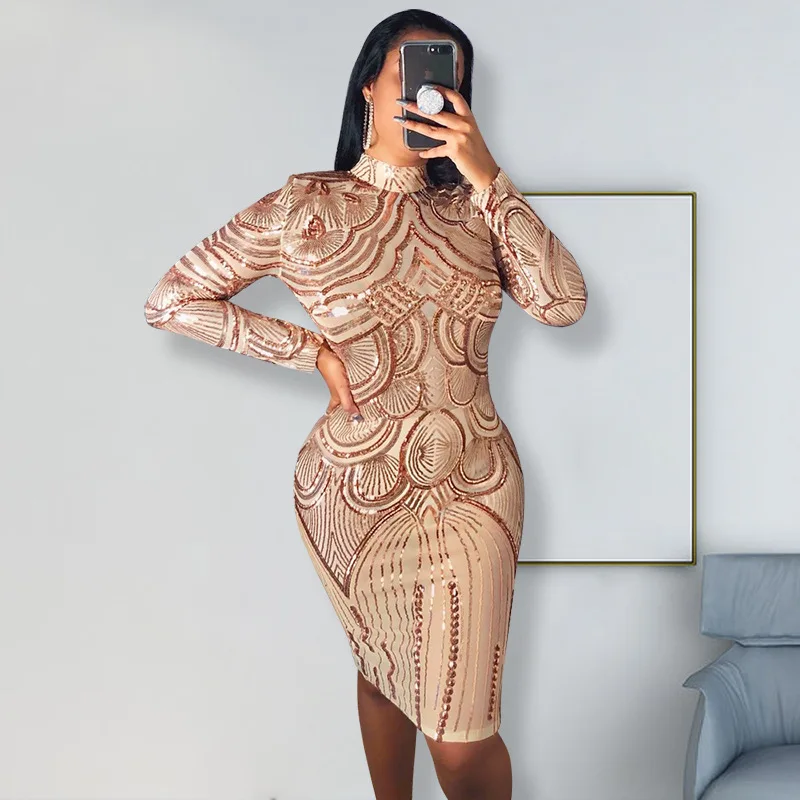 

New style geometric sequins high neck long sleeve zipper tight-fitting embroidery printing women's high waist knee-length dress