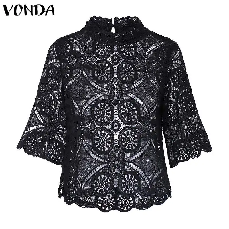 Женская богемная белая блузка размера плюс, VONDA, элегантная Кружевная блуза с круглым вырезом и коротким рукавом, Повседневная Свободная блуза 5XL