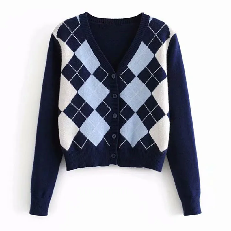 

Women Cardigan Argyle Knit Sweater Vintage Stylish Geometric Pattern Slim Crop Top V-Neck England Style Long Sleeve Outerwear