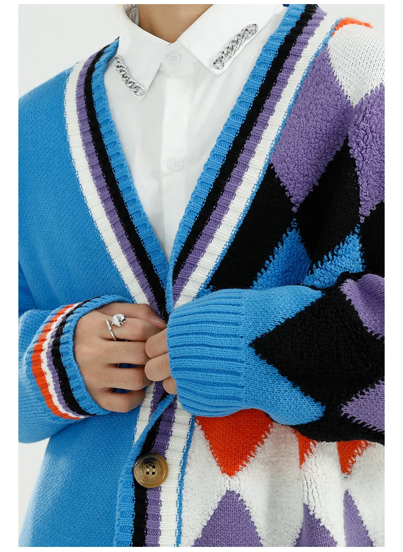 

Male Women Streetwear Fashion Knit Sweater Jacket Outerwear Men Color Diamond Vintage Casual Loose Cardigan Sweater Coat