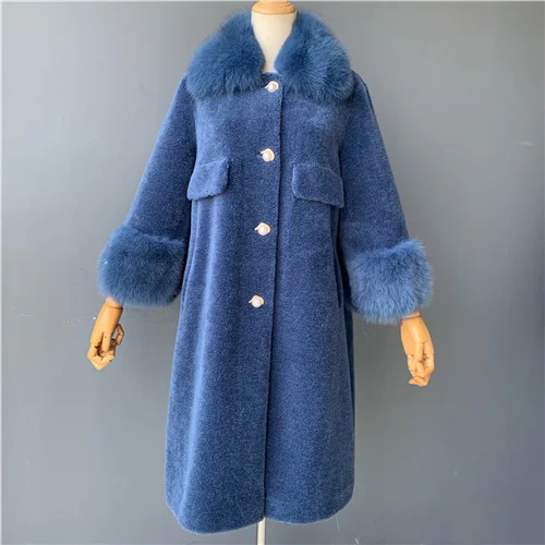 Navy MAOMAOFUR/шерстяное пальто для женщин с натуральным лисьим меховым воротником и манжетами; теплая верхняя одежда для женщин; Новая модная длинная стильная куртка из натурального овечьего меха - Цвет: Navy