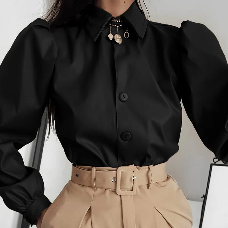 Women Chic Retro Faux Leather Puff Sleeve Tops Shirts Elegant Vintage Autumn Ladies Button Sexy Casual Work Blouse