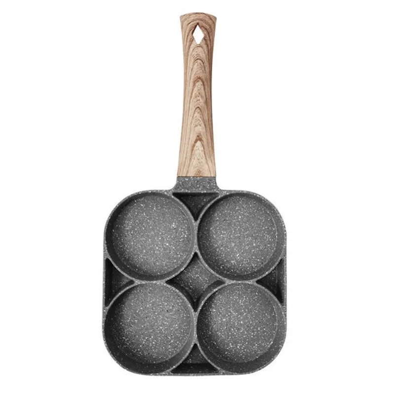 

4 Hole Omelet Pan for Burger Eggs Ham Pancake Maker Wooden Handle Frying Pot Non-stick Cooking Breakfast