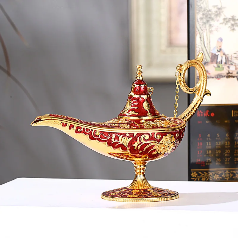 

Colorful Metal Genie Magic Lamp Traditional Hollow Out Retro Wishing Oil Lamp Home Decor Collection Stage Props Souvenir