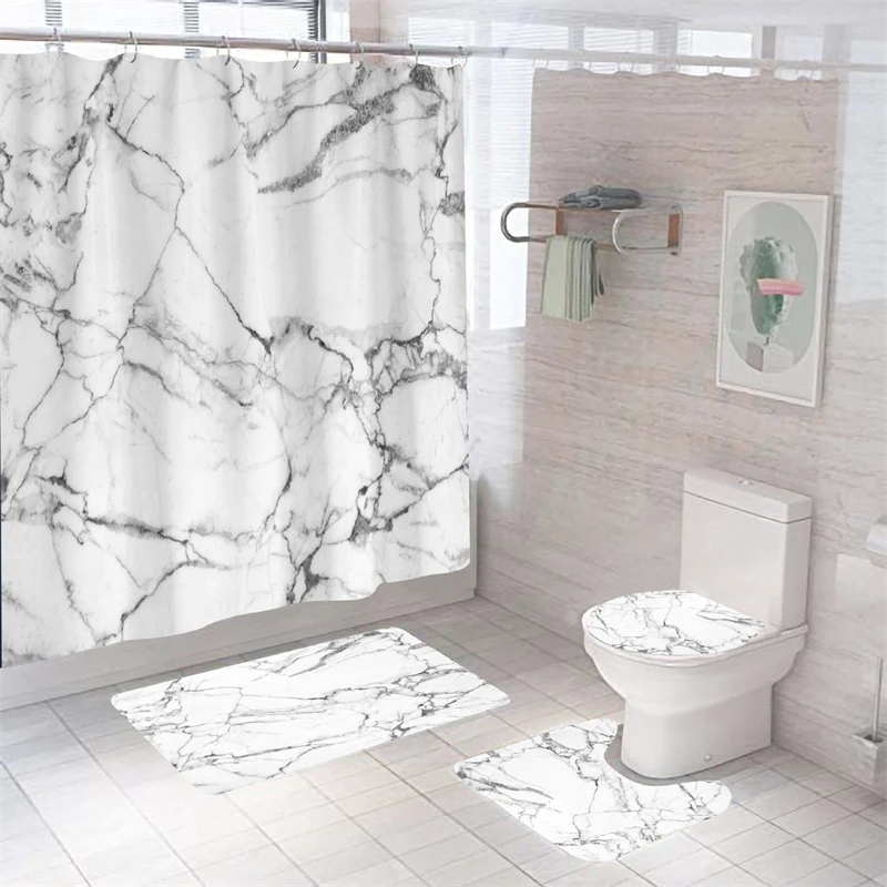 Marble Shower Curtain Sets Modern Polyester Fabric Washable Bath Curtains 3D Luxury Toilet Cover Bathroom Accessories Sets