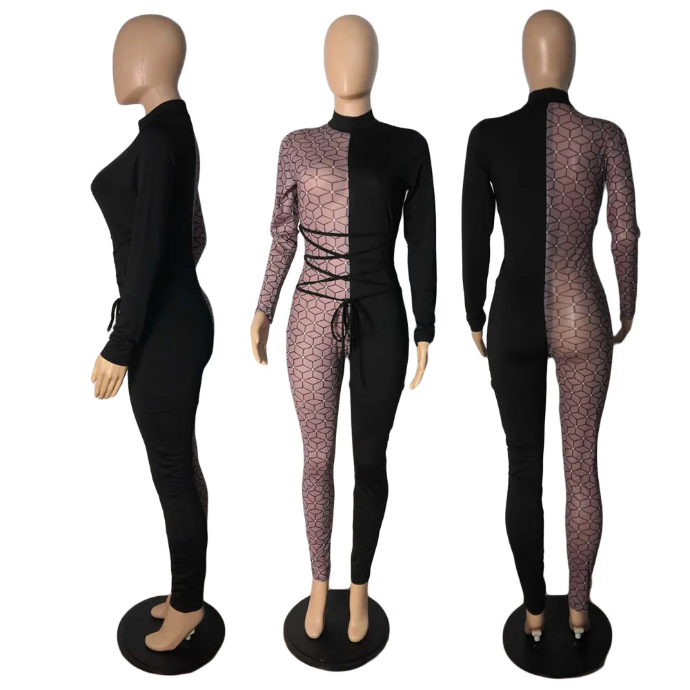 

Mesh Patchwork Rompers Womens Jumpsuit 2020 Wholesale Black One Piece Jumpsuit Women Sexy Romper Jumpsuit