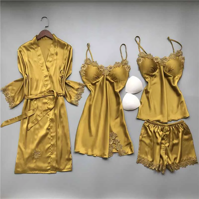 Корейский стиль шелковые женские сексуальные кружевные пижамы из 4 предметов