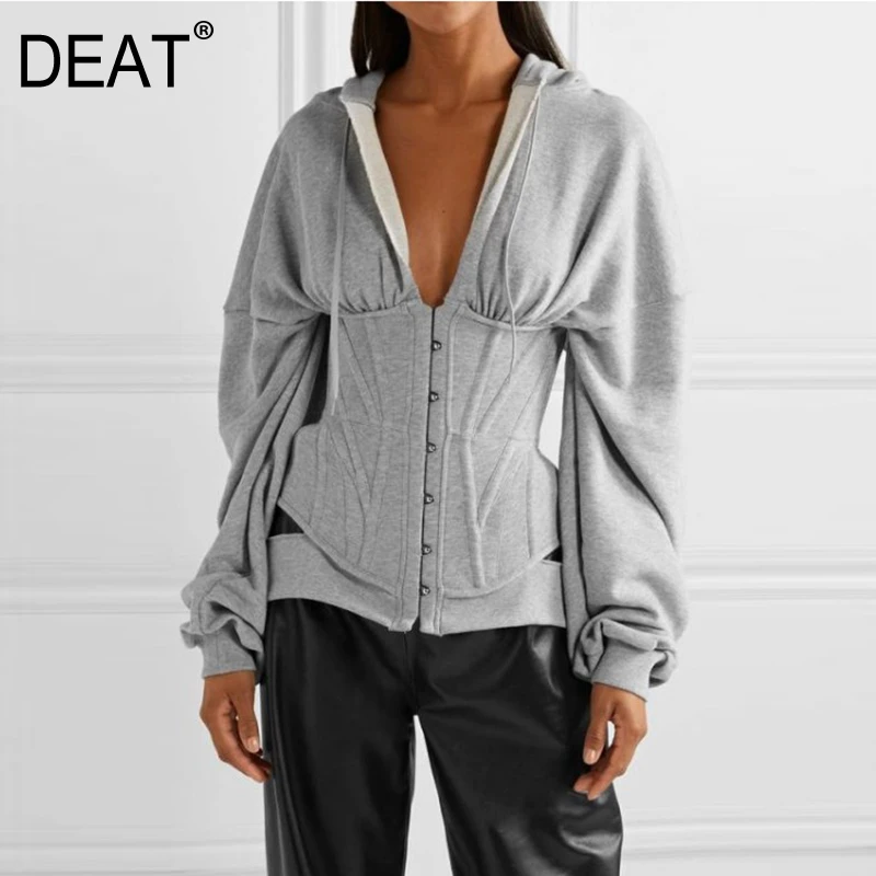 Женский топ с капюшоном DEAT весенний свитер высокой талией и пуговицами на спине