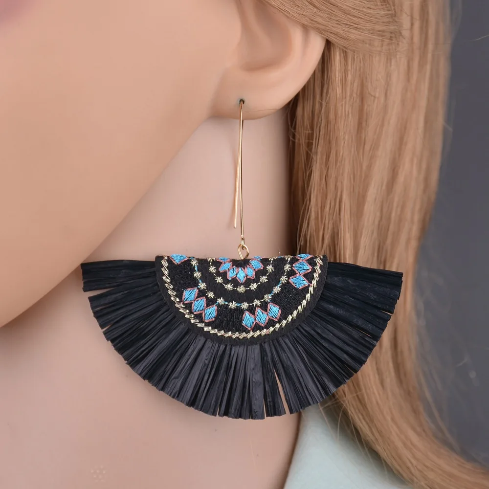 Веер с вышивкой в китайском стиле большие серьги из рафии бахромой богемные
