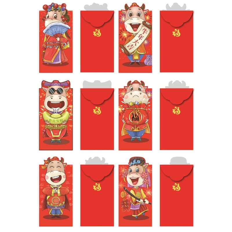 

6pcs/Set 2021 Year of the OX Red Envelope Cartoon Three-Dimensional