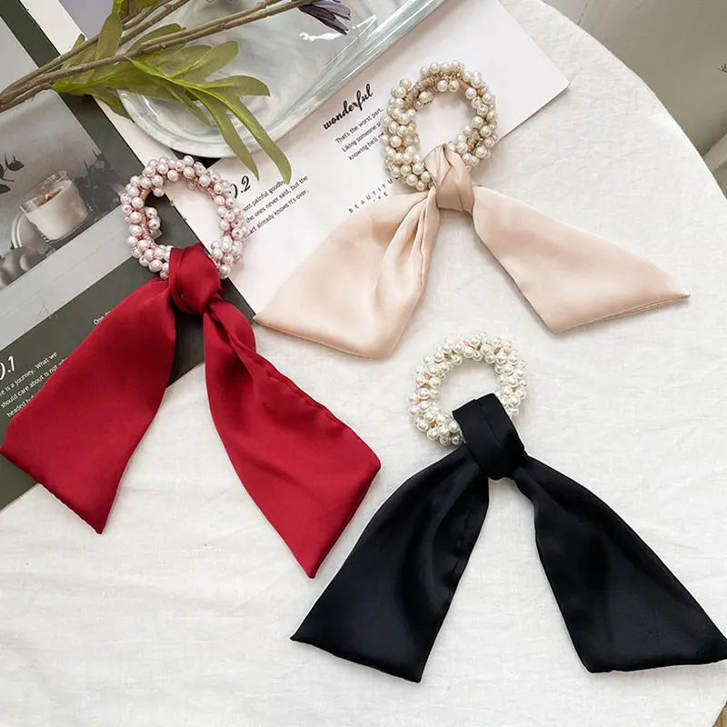 

Korean Solid Color And Floral Print Cloth Pearls Hair Ribbon Women Girls Fashion Bowknot Hair Tie Cute Summer Hair Accessories