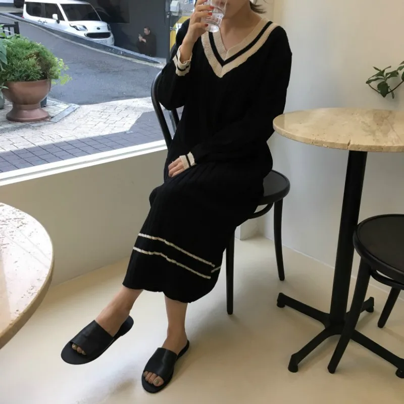 Women Autumn Winter Long Sweater Dress V Neck Patckwork Straight Vestidos Vintage Robe Pull Femme Sukienki Jurken Ropa Mujer | Женская