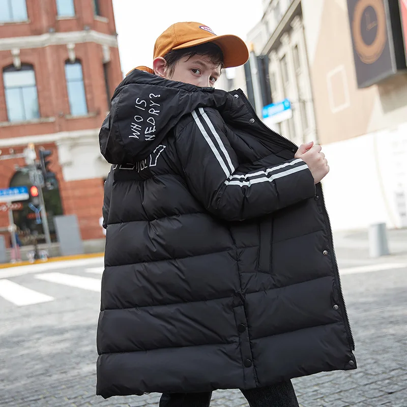 

2021 European children's winter clothing Purple fashionable down coat for girls Thick black windproof hooded jacket for boys