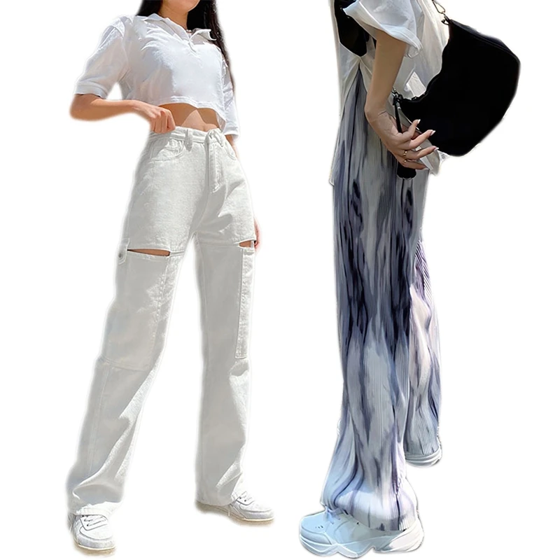 

Брюки женские плиссированные с ворсом, свободные прямые штаны, ажурные белые джинсы с завышенной талией, один размер, черные, M