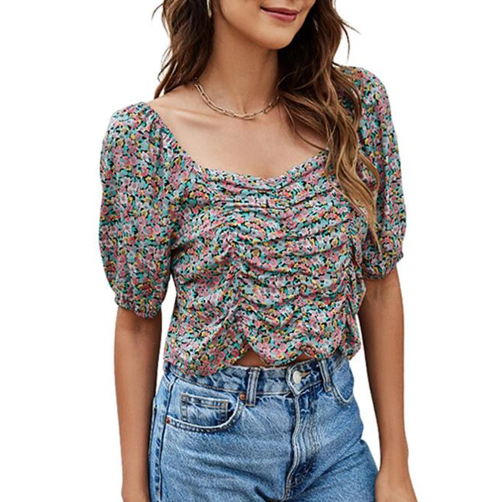 

Elegant Shirring Short Tops Womens Boho Short Sleeve Tee Crop Tops Square Neck Casual Summer T-Shirt Holiday