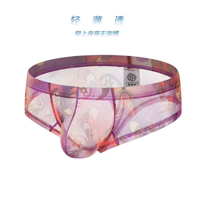 

Bohemia large size men's briefs printed see-through sexy underwear men's U pocket men's underwear