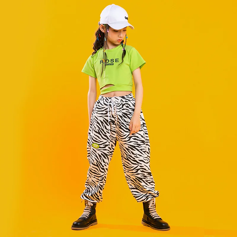 

New Jazz Costume Hip Hop Girls Clothing Green Tops Short Sleeve Black Hip Hop Pants For Kids Performance Modern Dancing Clothes