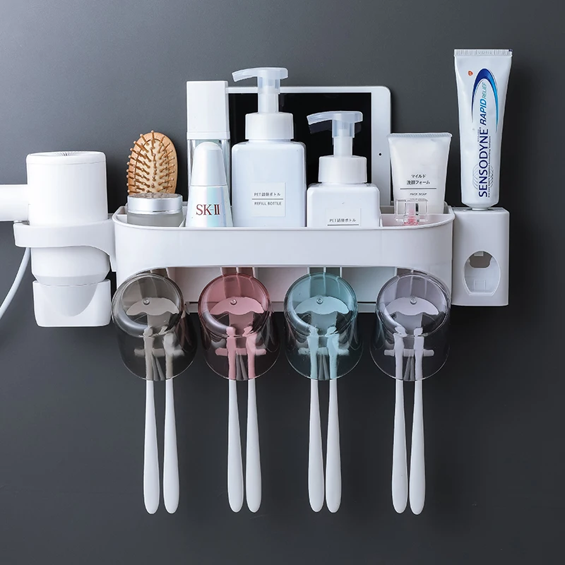 4 Cups Toothpaste 1Pc Автоматический диспенсер для зубной пасты, соковыжималка, держатель для зубной щетки, стойка для хранения макияжа, фен, полка-органайзер для ванной, аксессуары - Цвет: 4 Cups Toothpaste