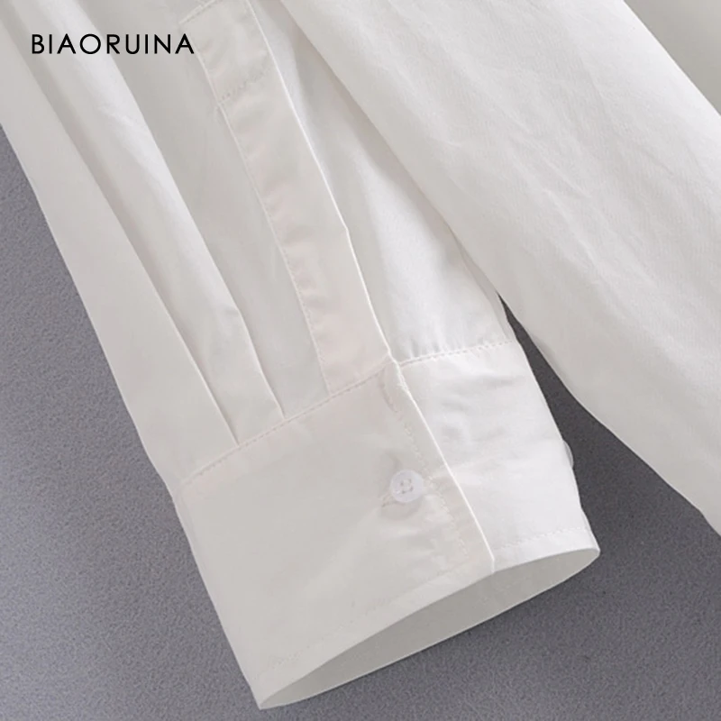 

BIAORUINA Women's Minimalist White Casual All-match Long Shirt Turn Down Collar Female Cotton Oversized Fashion Blouse Tops