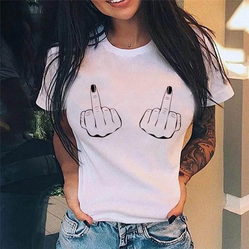 

WVIOCE Women Harajuku Tshirt Short Sleeve Streetwear Ladies Graphic Summer Female T-shirt Middle Finger Print Clothes