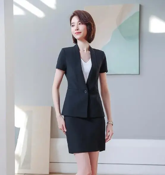 

2020 Summer Short sleeve women fashion pant suits light blue solid jacket and trouser OL ladies business wear Blazer and skrit