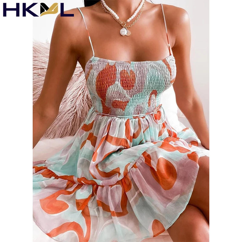 

Women Dress Sleeveless A Line Chiffon Spaghetti Strap Print Stretch Holiday Party Boho Sexy Dress 2021 Summer