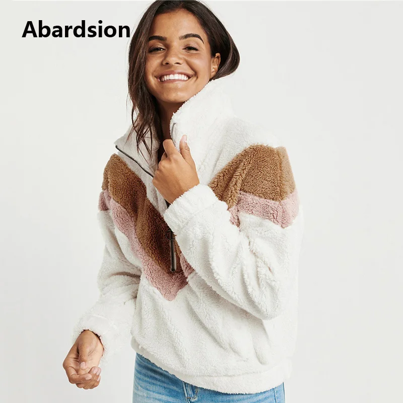 Abardsion/осень-зима, теплые меховые толстовки, верхняя одежда, Женский пуловер, Повседневный, пэчворк, на молнии, с длинными рукавами, плюшевая Толстовка