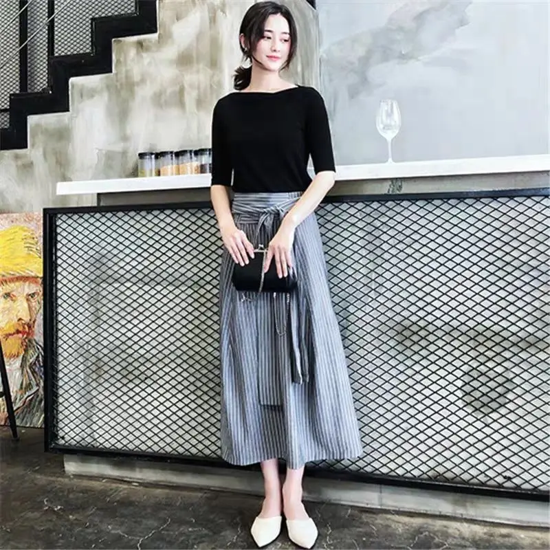 

2021 New Women Casual 2 Piece Set Summer Short Sleeve Tops + High Waist Bandage Striped Long Skirt Office Lady Fashion Suit Q102