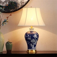 ourfeng led table lamp blue ceramic copper luxury desk light fabric bedside decorative for home dining room bed room office