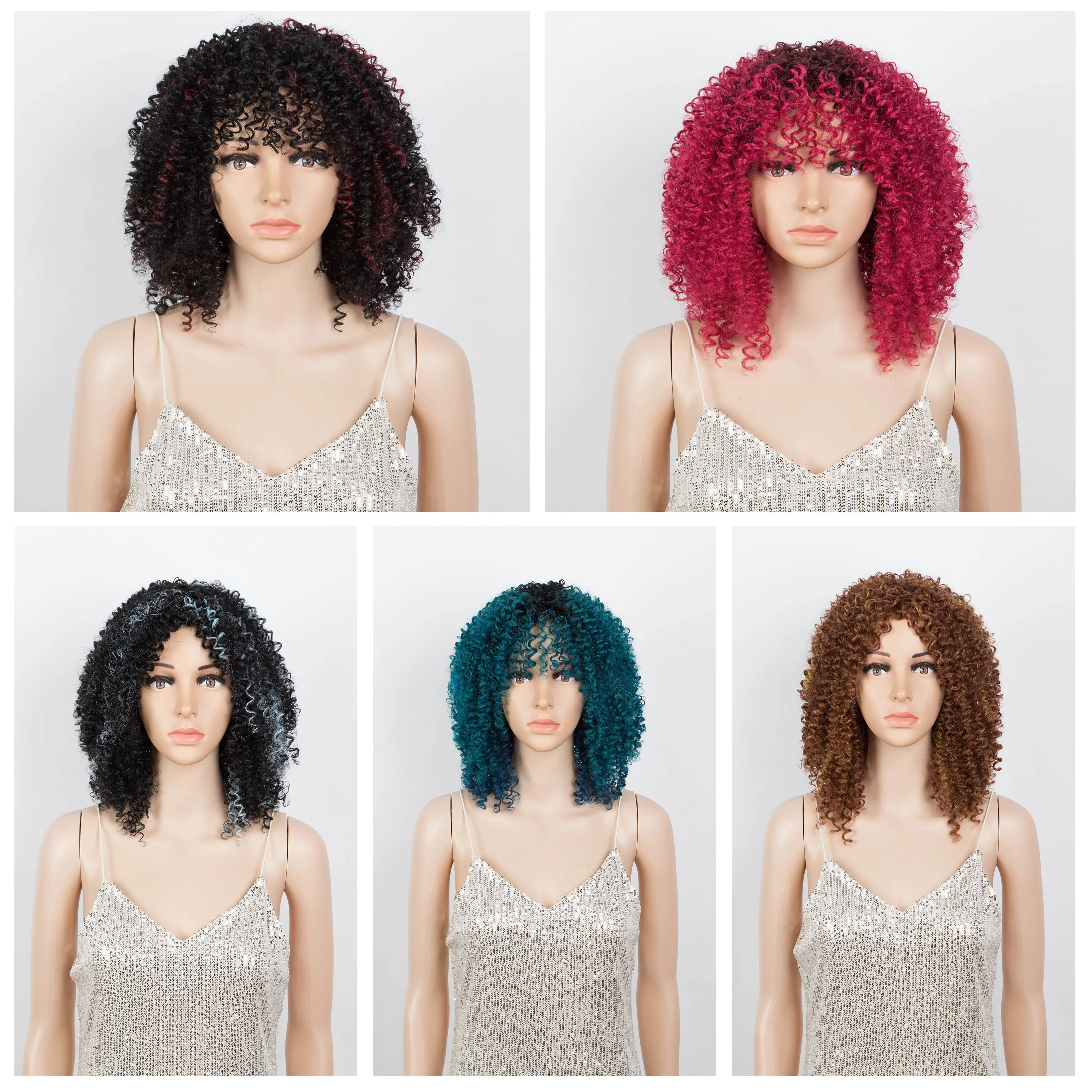 

Fashion Idol Short Wig With Bangs Afro Kinky Curly Heat Resistant 12 Inch Brown Blonde Pink Synthetic Wigs for White Women