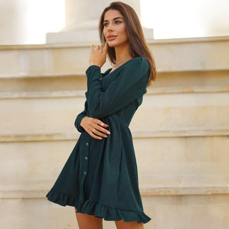 

Sweet A-Line Ruffles Mini Dress Women Casual Square Collar Long Sleeve Solid Color Dresses 2021 Spring New Fashion Elegant Dress