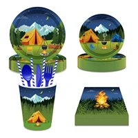 cool outdoor camping barbecue picnic party disposable tableware sets paper plates cups happy campers birthday party favors