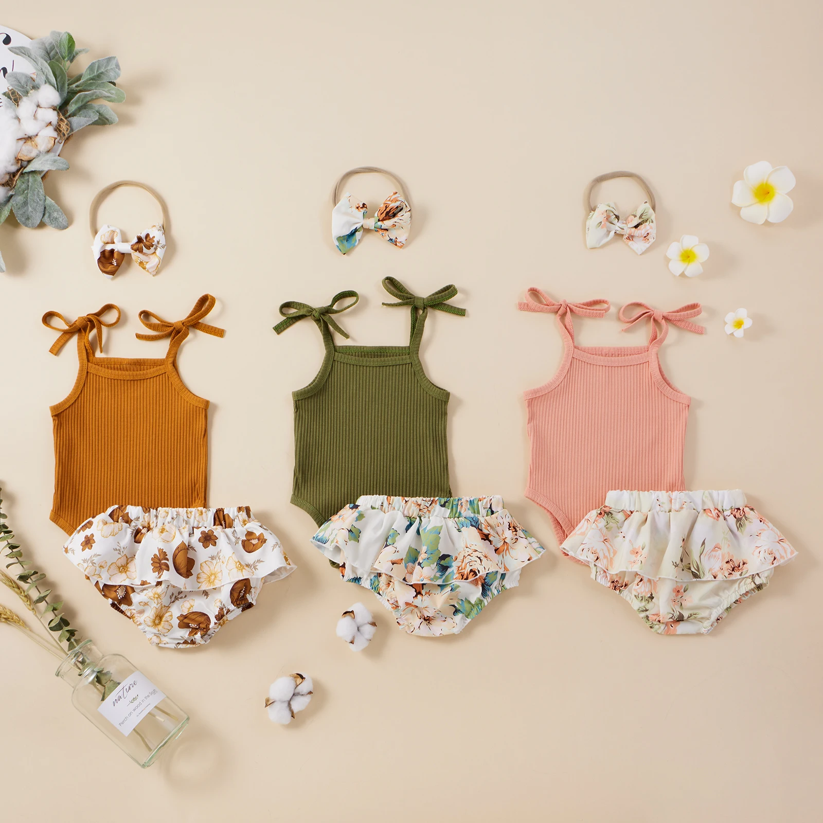 

Infant Newborn Baby Girls Clothes Sets 3pcs Sleeveless Belt Romper Tops Flowers Shorts Headband 0-18M