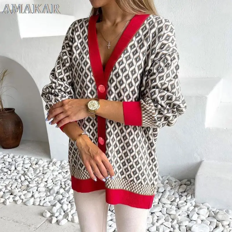 

Women Irregular Printed Knitted Cardigan Sweaters V-neck Long Sleeve Single Breasted Lady Sweater 2021 Autumn Female Casual Tops