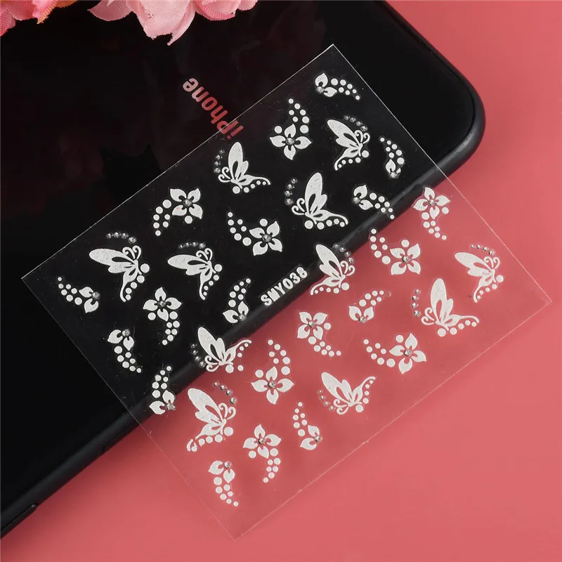 

2 Sheet 3D Nail Stickers White Flowers Butterflies Rhinestone Nail Art Cute Stickers Nail Decoration Decal