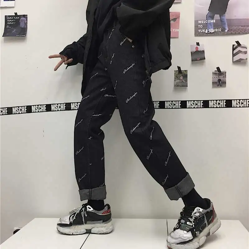 Корея Harajuku мужские джинсы осенние ретро уличные Джокер Свободные прямые