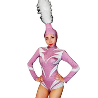 sparkling rhinestones pattern printing bodysuit feathers headwear personality performance costume ladies party evening costumes