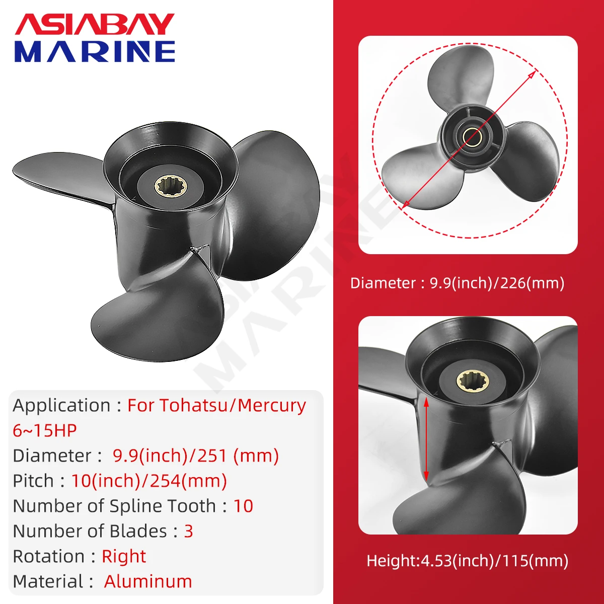 3-лопастной винт 9 9x10 Морской Пропеллер из алюминиевого сплава для Tohatsu Mercury Nissan