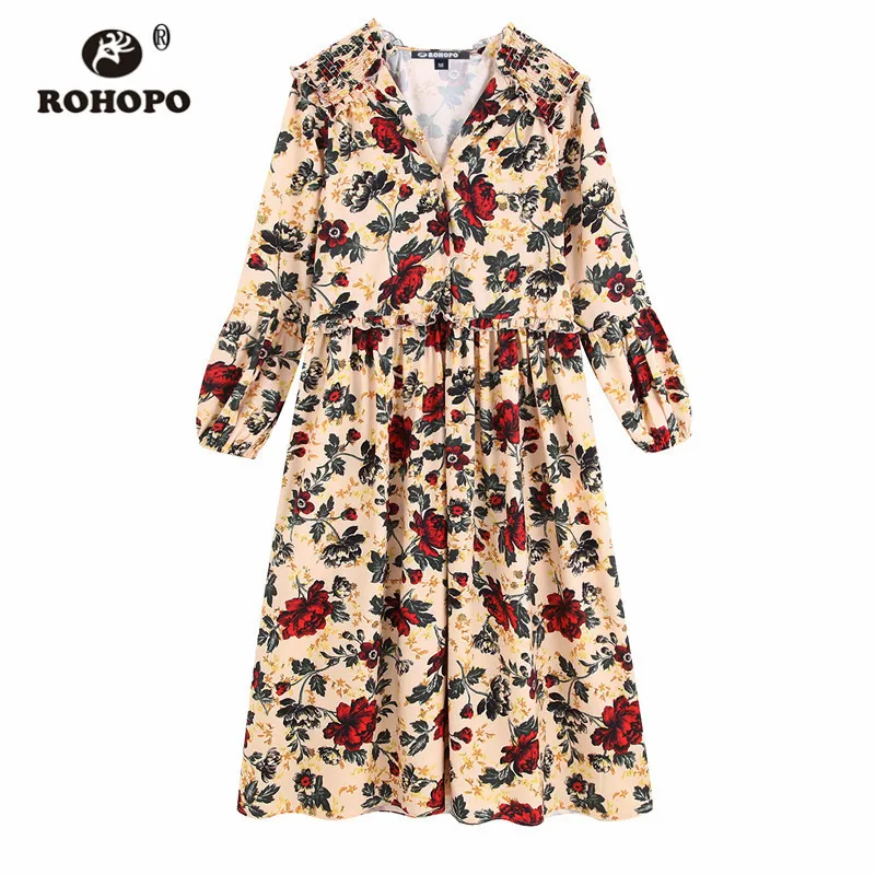 ROHOPO красное Цветочное платье с длинным рукавом цвета хаки принтом миди баской