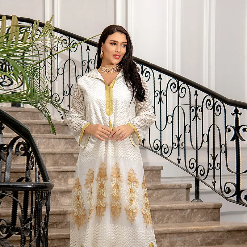 

Middle East Muslim Islamic Eid Al-Adha Festival Gurban Gold Embroidered Hooded Net Yarn Big Tunic Dubai Arab Women's Clothing
