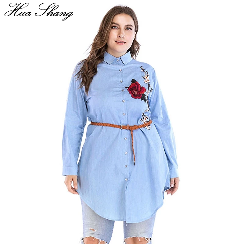 

4XL 5XL 6XL Plus Size Women Shirts 2018 Spring Autumn Long Sleeve Shirt Blue Embroidery Floral Belted Irrgular Long Blouse Tops