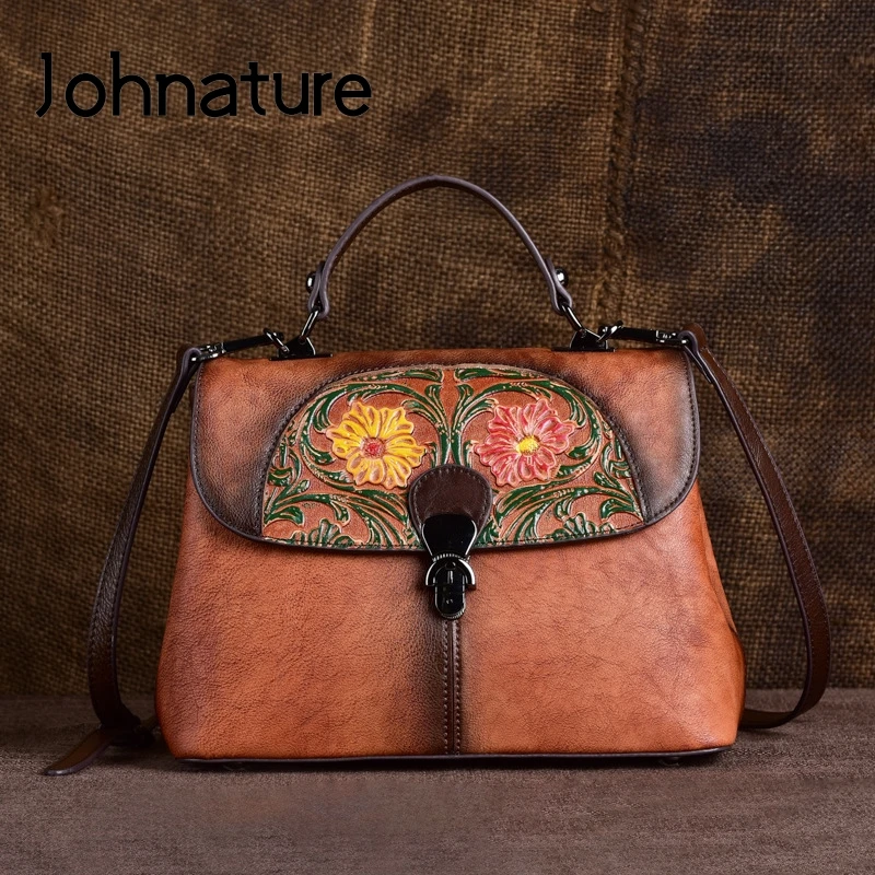 Женская сумка ручной работы Johnature из натуральной воловьей кожи с тиснением
