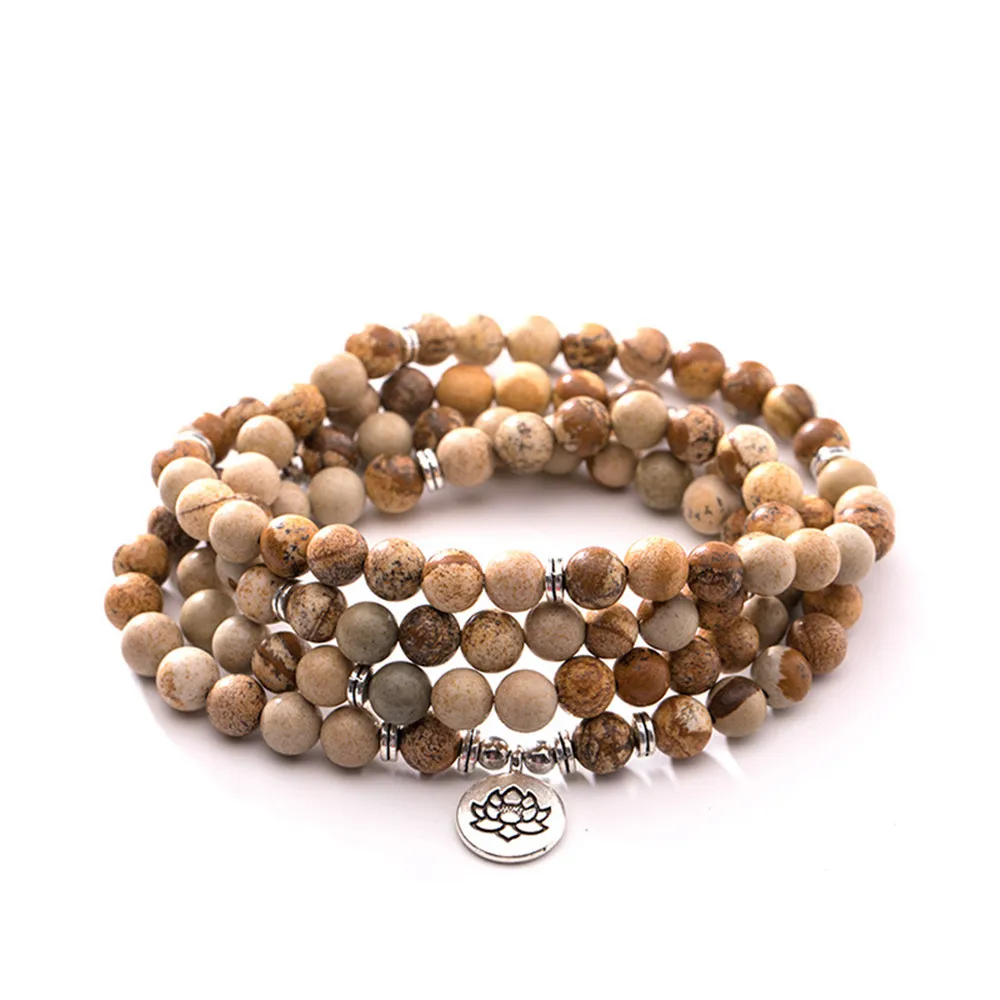 

Wholesale Natural 8mm Natural Picture Stone Wrap Bracelet Brown Energy 108 Beads Yoga Strand Mala Healing Lotus Necklace for Men