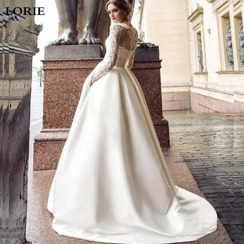 LORIE сатиновое свадебное платье Кепки, с рукавами, Кружевная аппликация, пляжная обувь под свадебное платье для невесты сексуальное богемное длинное платье со шлейфом на свадьбу, вечерние платья, Лидер продаж