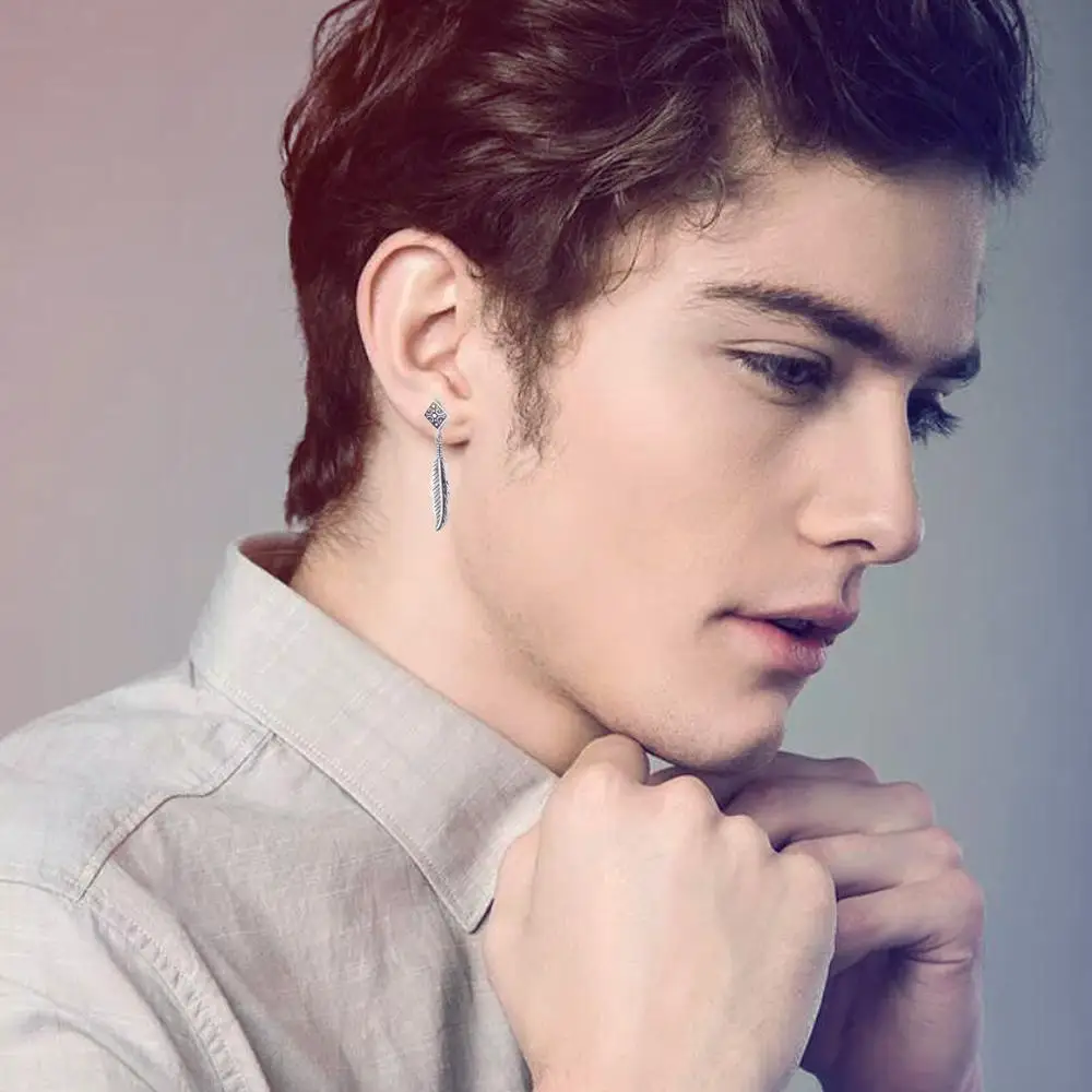 Hemiston Feather Tassels Titanium Steel Earrings Stainless Individual Punk Rock Style Fashion Mens On